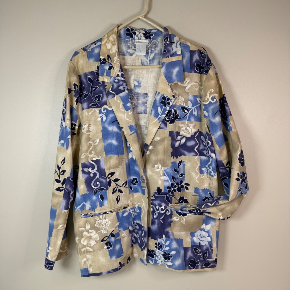 Relaxed Coastal Cottagecore Large Linen Blend Floral Patchwork Grandma Blazer